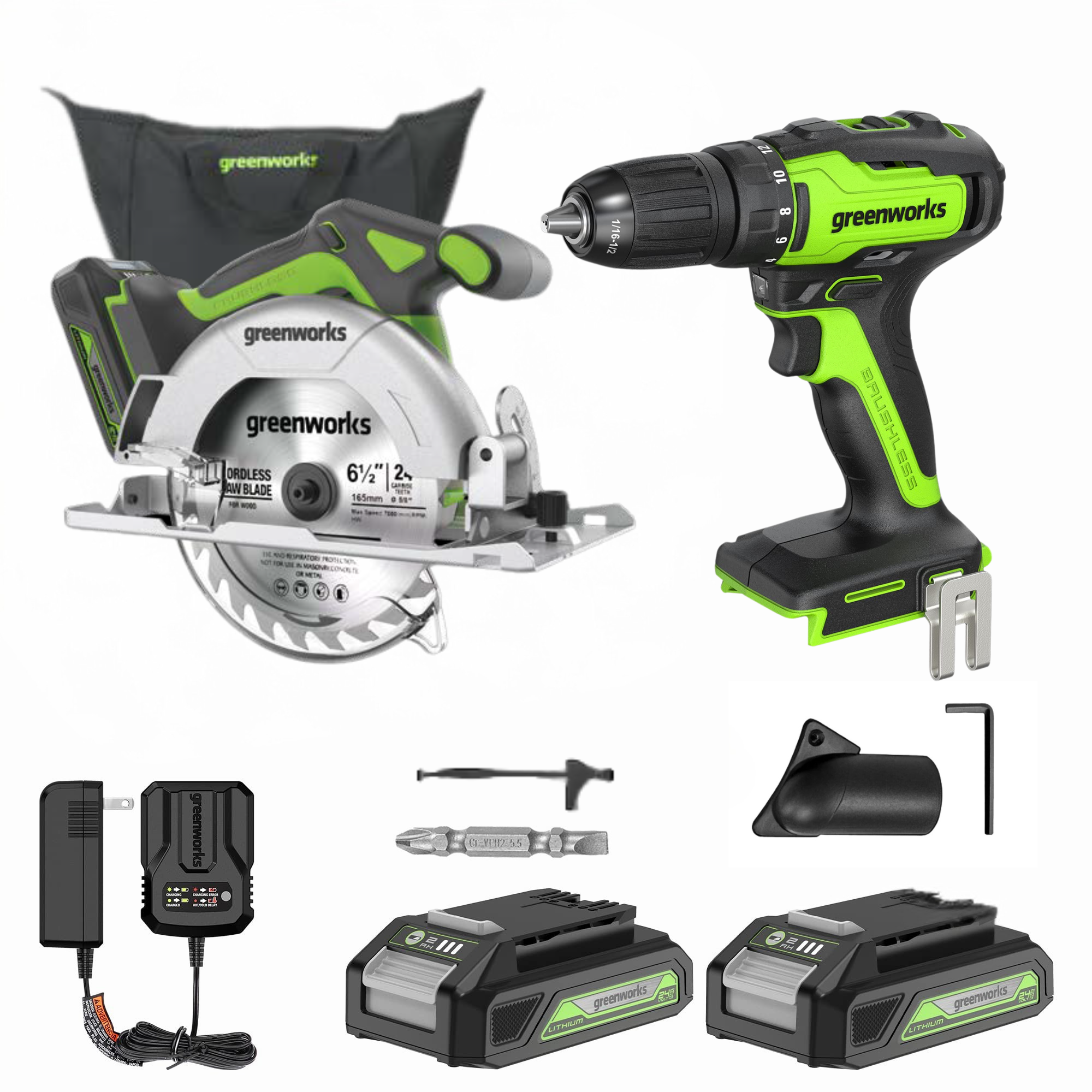 Greenyardtools  24V Brushless 1/2" 310 in/lbs Drill / Driver and 6.5" Circular Saw Combo Kit w/ (2) 2.0Ah Batteries and Charger