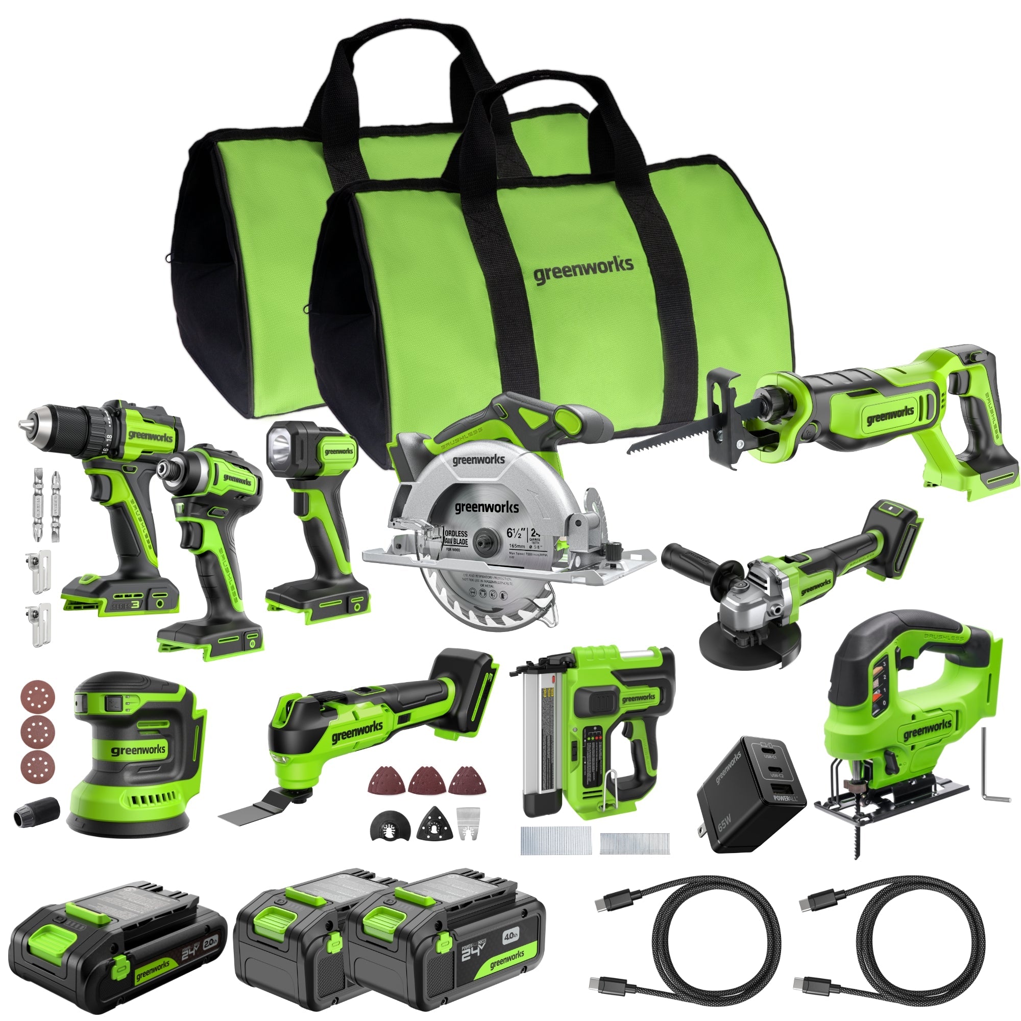 Greenyardtools  24V Brushless Power Tool 10PC Combo Kit w/ (2) 4.0Ah & (1) 2.0Ah USB-C Batteries and Charger