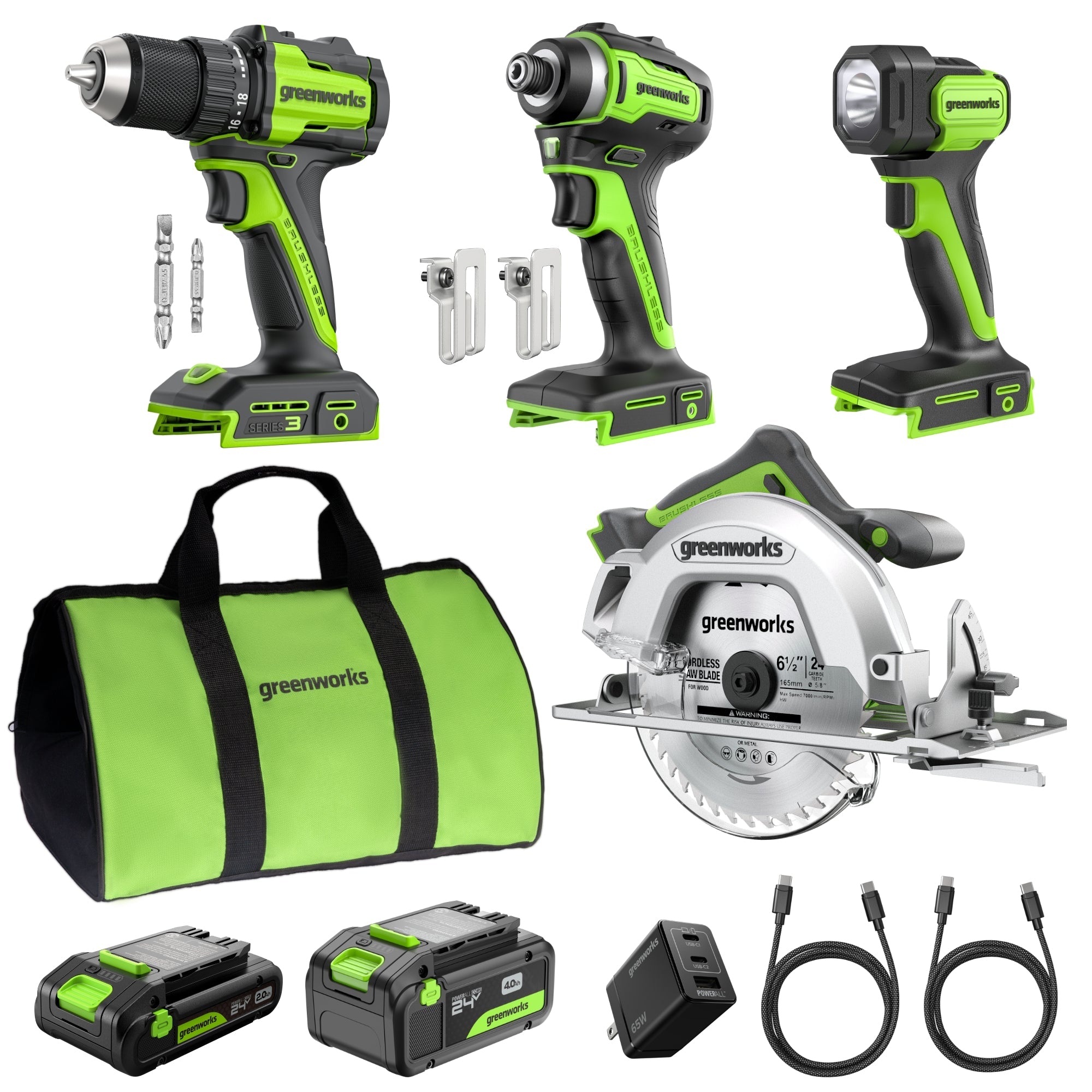 Greenyardtools  24V Brushless Power Tool 4PC Combo Kit w/ (1) 4.0Ah & (1) 2.0Ah USB-C Batteries and 65W USB-C Fast Charger