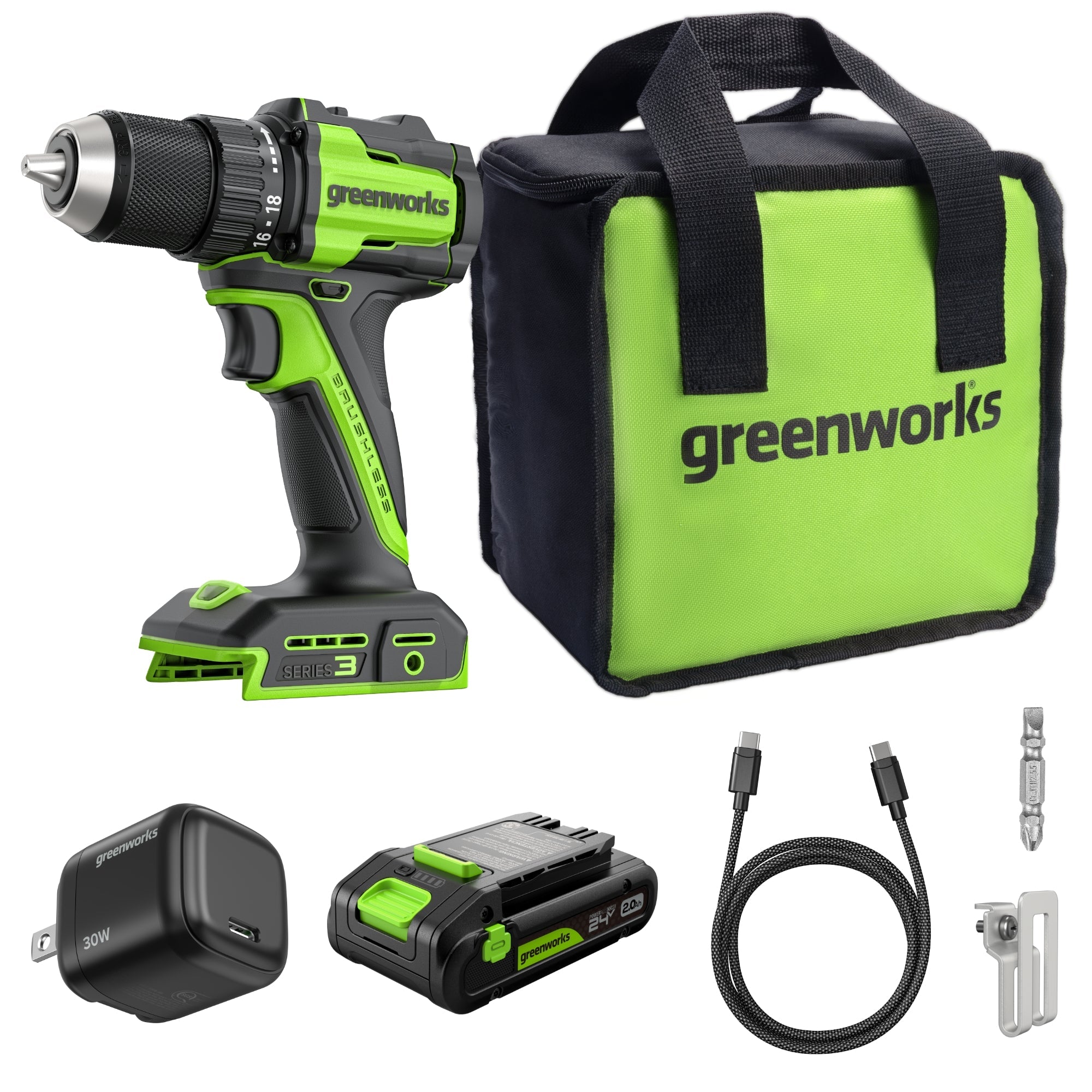 Greenyardtools  24V Cordless Battery 1/2" 400 in/lbs Drill Driver w/ 2.0Ah USB-C Battery & 30W USB-C Fast Charger