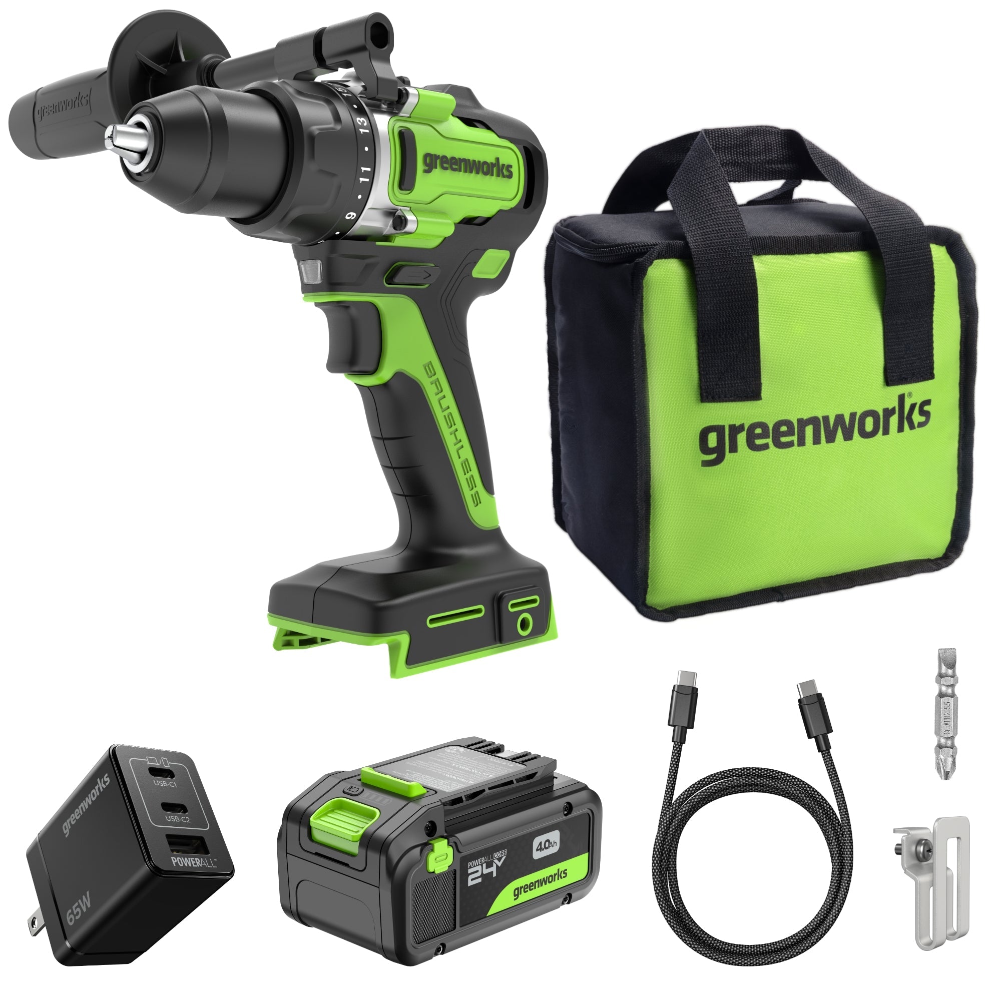 Greenyardtools  24V Cordless Battery 1/2" 800 in/lbs Drill Driver w/ 4.0Ah USB-C Battery & 65W USB-C Fast Charger